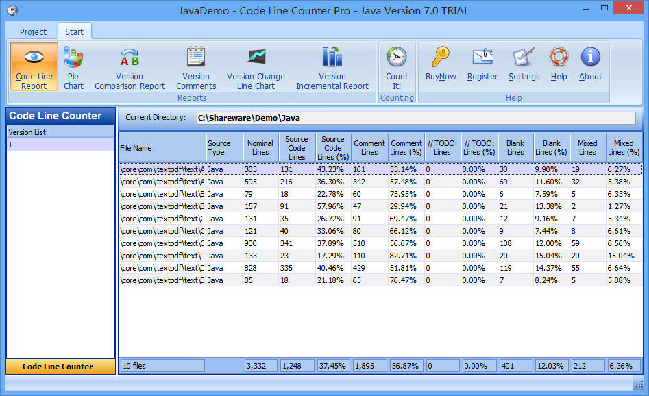 Screenshot of Code Line Counter Pro - Java Version 3.9